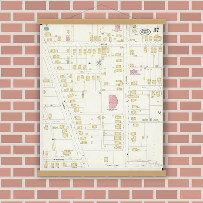 Old map wall art mockup — magnetic wood frame on brick wall — Sanborn Fire Insurance Map from Newark, Licking County, Ohio (1905), Sheet #0037