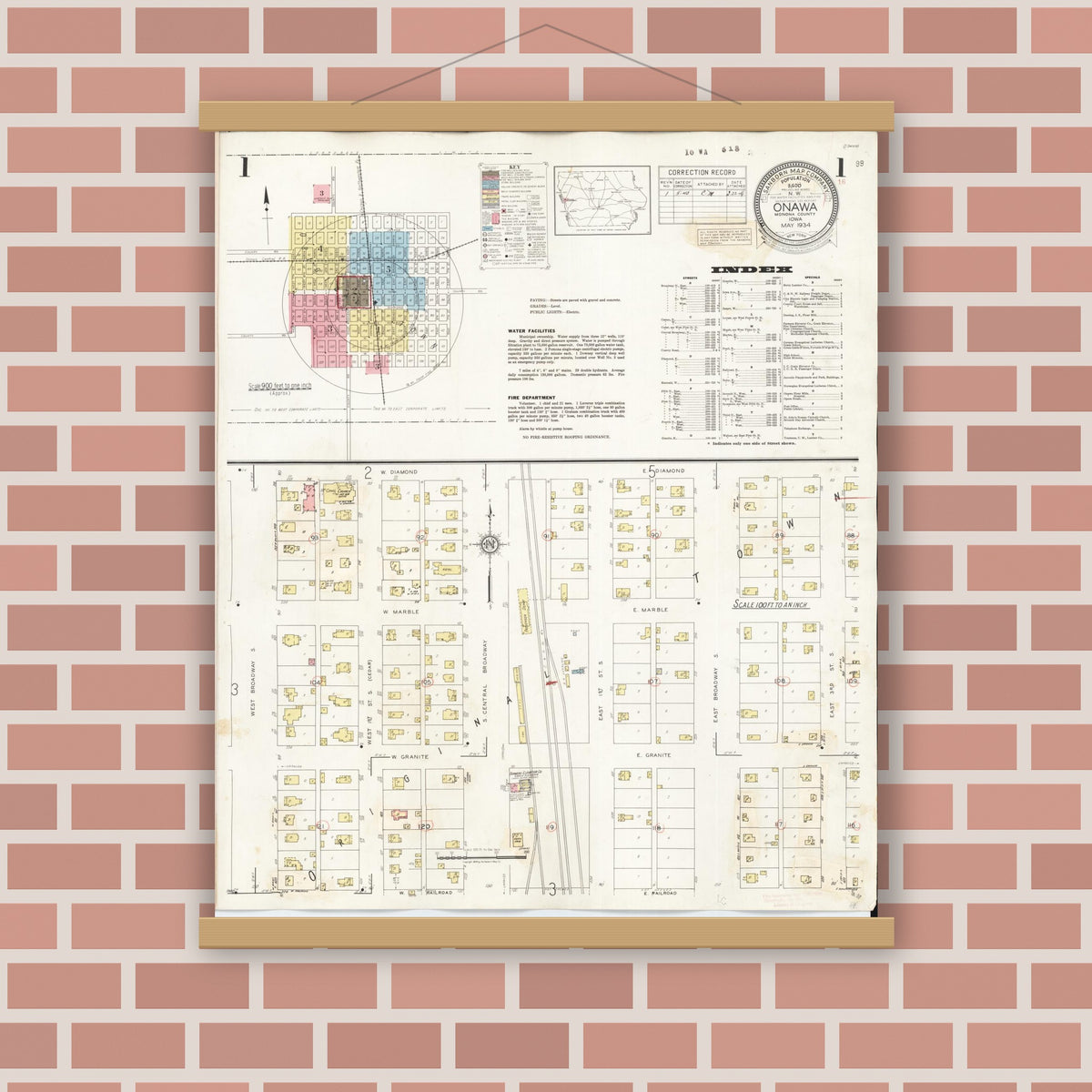 Old map wall art mockup — magnetic wood frame on brick wall — Sanborn Fire Insurance Map from Onawa, Monona County, Iowa (1942) â€” Complete Set
