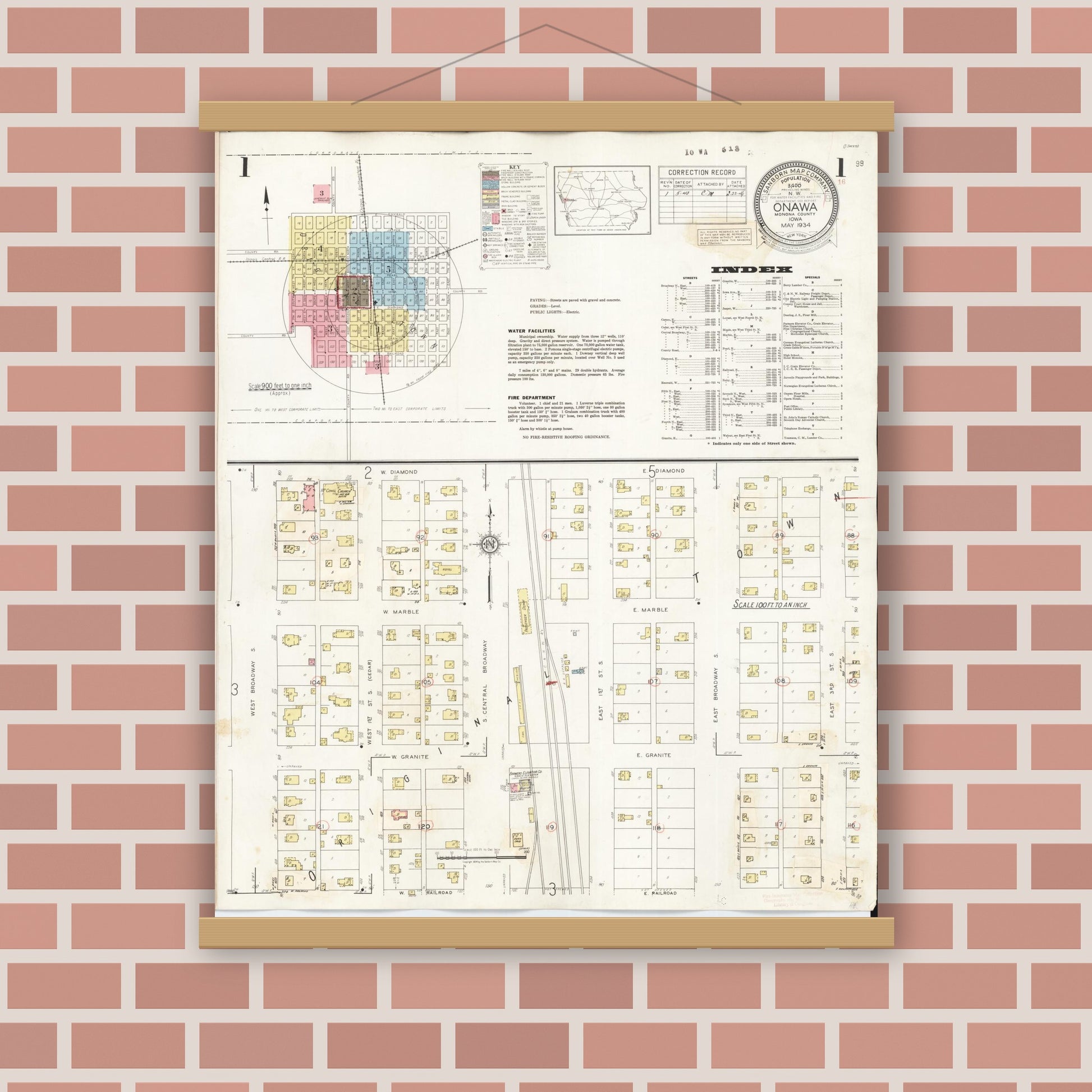 Old map wall art mockup — magnetic wood frame on brick wall — Sanborn Fire Insurance Map from Onawa, Monona County, Iowa (1942) â€” Complete Set