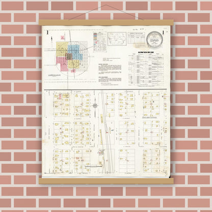Old map wall art mockup — magnetic wood frame on brick wall — Sanborn Fire Insurance Map from Onawa, Monona County, Iowa (1942) â€” Complete Set