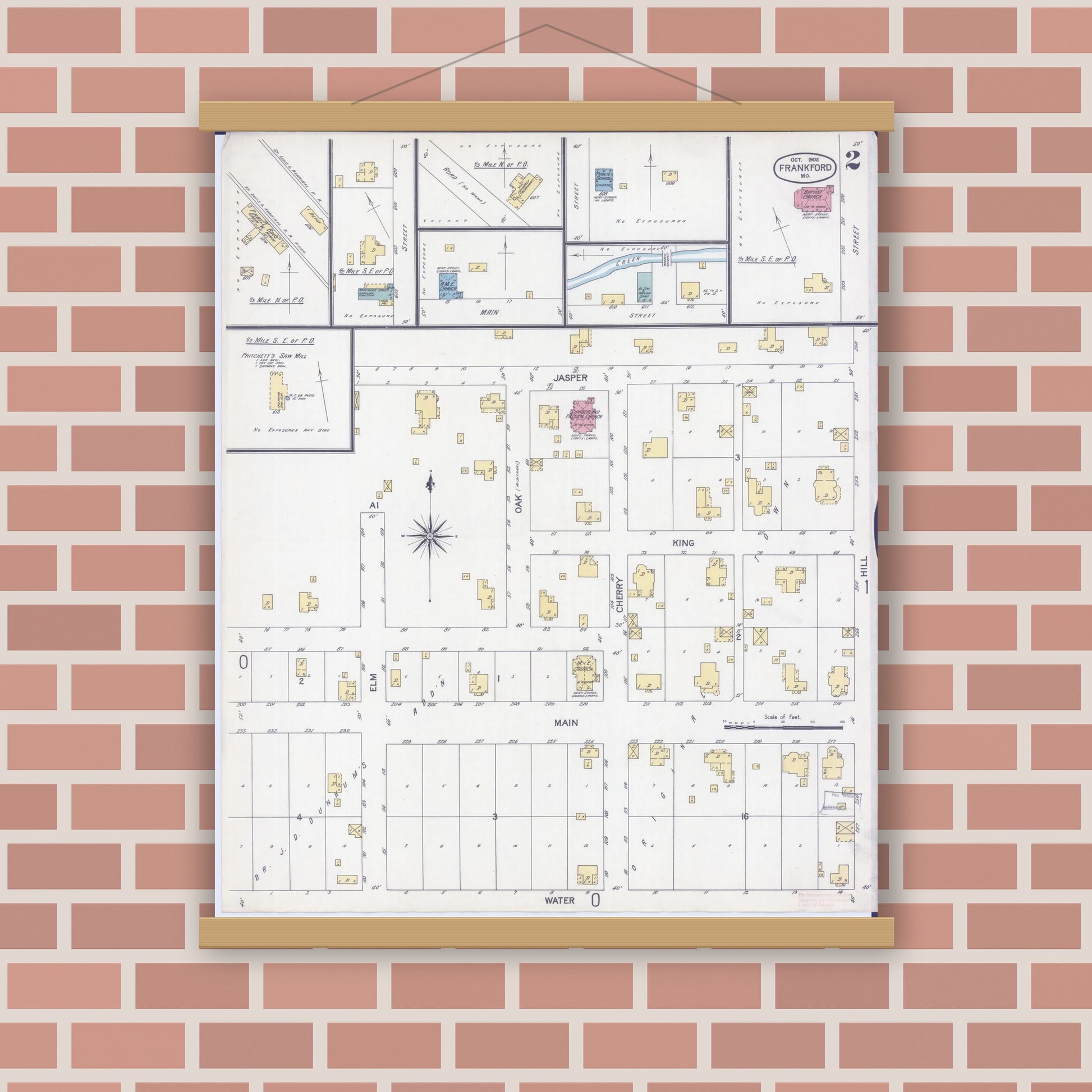 Old map wall art mockup — magnetic wood frame on brick wall — Sanborn Fire Insurance Map from Frankford, Pike County, Missouri (1902), Sheet #0002