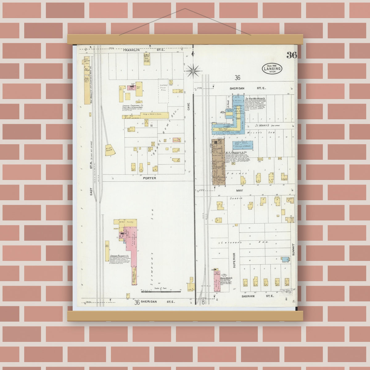 Old map wall art mockup — magnetic wood frame on brick wall — Sanborn Fire Insurance Map from Lansing, Ingham County, Michigan (1906), Sheet #0036