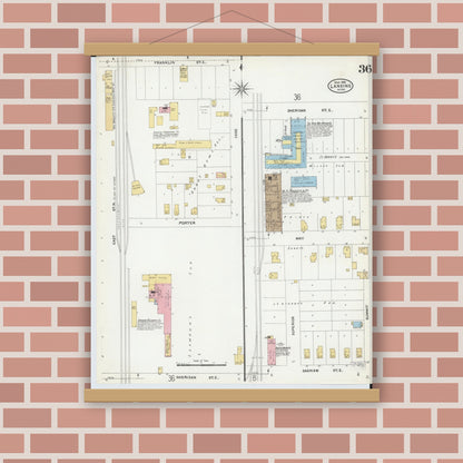 Old map wall art mockup — magnetic wood frame on brick wall — Sanborn Fire Insurance Map from Lansing, Ingham County, Michigan (1906), Sheet #0036