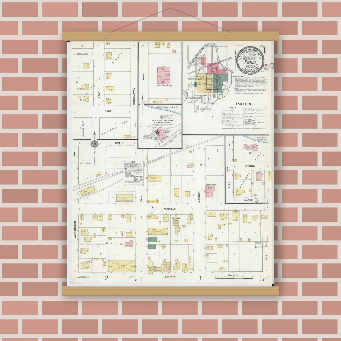 Old map wall art mockup — magnetic wood frame on brick wall — Sanborn Fire Insurance Map from Paris, Monroe County, Missouri (1910), Sheet #0001