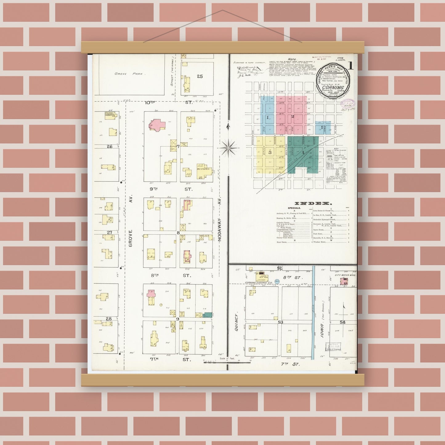 Old map wall art mockup — magnetic wood frame on brick wall — Sanborn Fire Insurance Map from Corning, Adams County, Iowa (1893), Sheet #0001