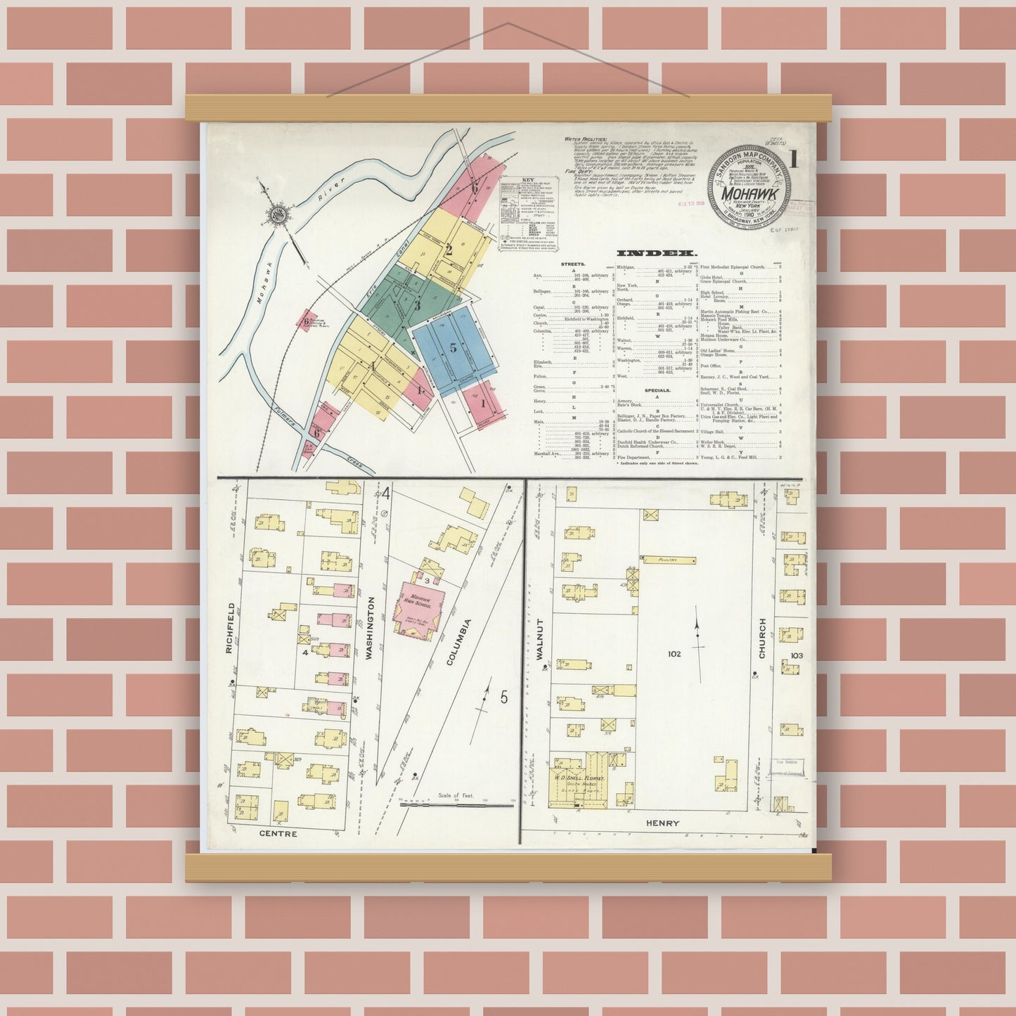 Old map wall art mockup — magnetic wood frame on brick wall — Sanborn Fire Insurance Map from Mohawk, Herkimer County, New York (1910) - Complete Map Set