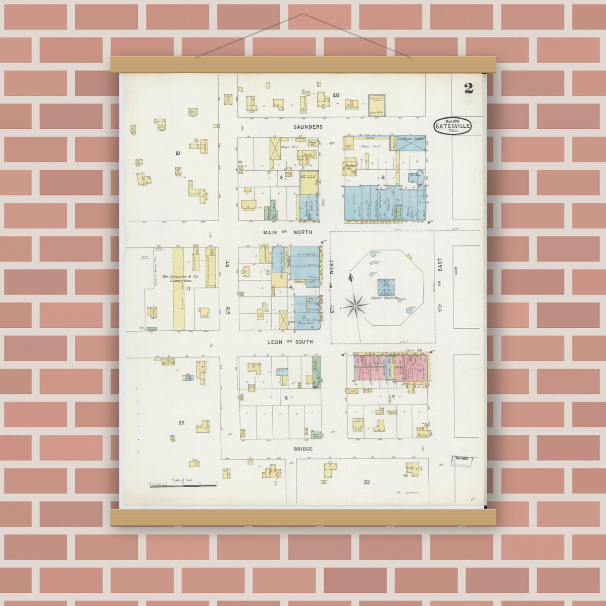 Old map wall art mockup — magnetic wood frame on brick wall — Sanborn Fire Insurance Map from Gatesville, Coryell County, Texas (1896), Sheet #0002