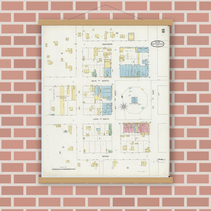 Old map wall art mockup — magnetic wood frame on brick wall — Sanborn Fire Insurance Map from Gatesville, Coryell County, Texas (1896), Sheet #0002