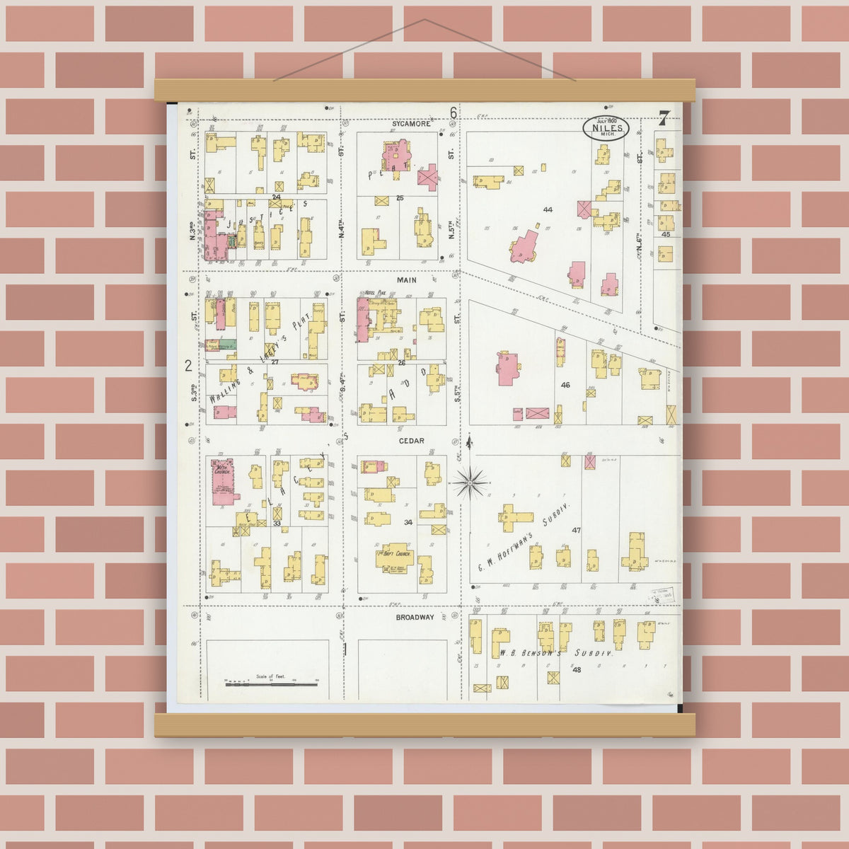 Old map wall art mockup — magnetic wood frame on brick wall — Sanborn Fire Insurance Map from Niles, Berrien County, Michigan (1900), Sheet #0007