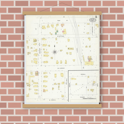 Old map wall art mockup — magnetic wood frame on brick wall — Sanborn Fire Insurance Map from Reed City, Osceola County, Michigan (1908), Sheet #0005