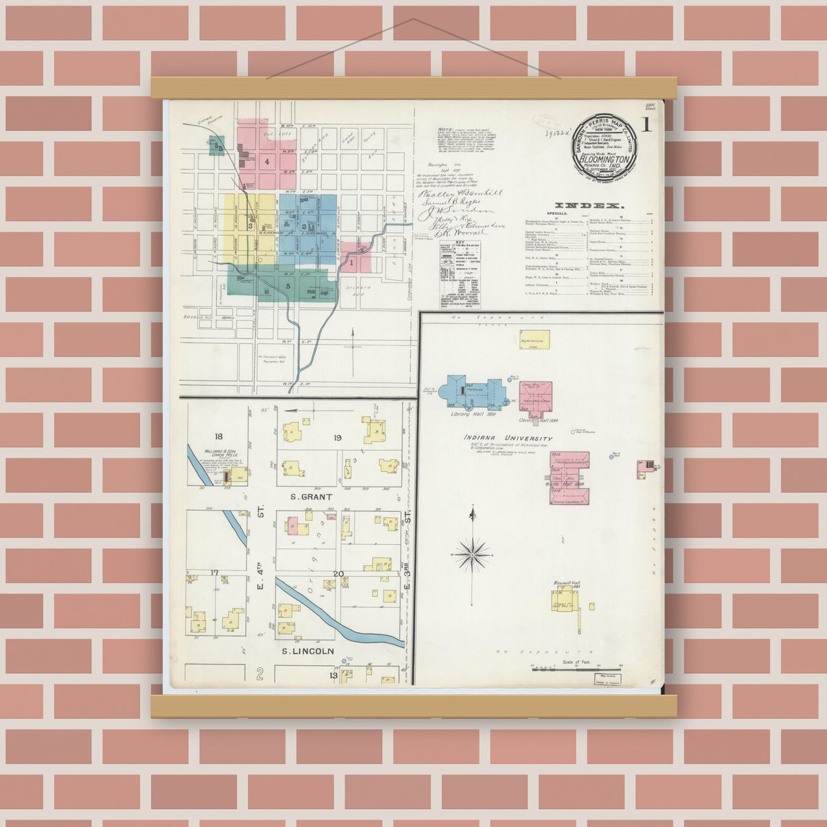 Old map wall art mockup — magnetic wood frame on brick wall — Sanborn Fire Insurance Map from Bloomington, Monroe County, Indiana (1892), Sheet #0001