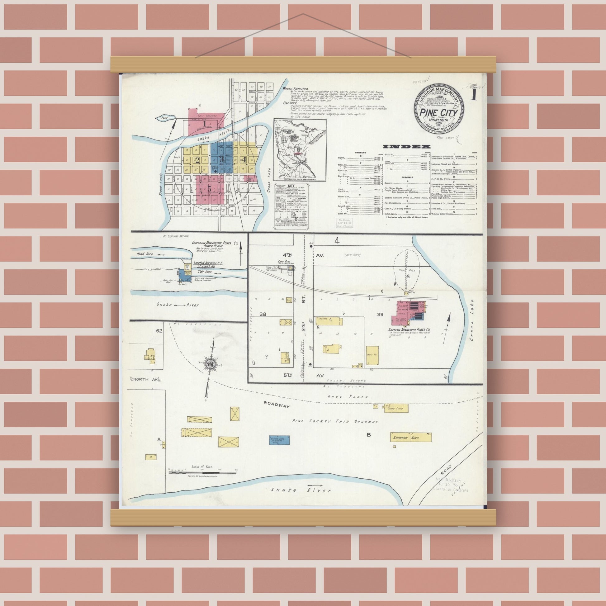 Old map wall art mockup — magnetic wood frame on brick wall — Sanborn Fire Insurance Map from Pine City, Pine County, Minnesota (1921), Sheet #0001