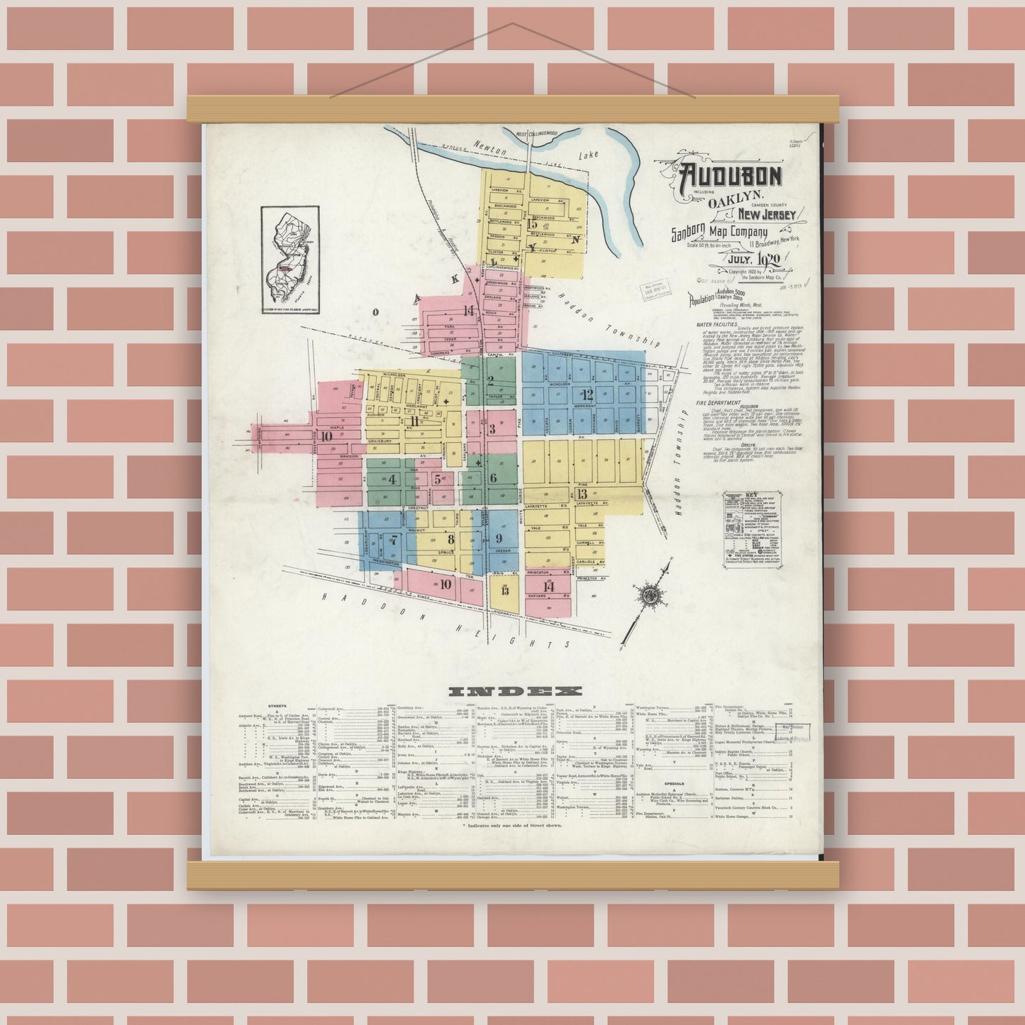 Old map wall art mockup — magnetic wood frame on brick wall — Sanborn Fire Insurance Map from Audubon, Camden County, New Jersey (1920) - Complete Map Set