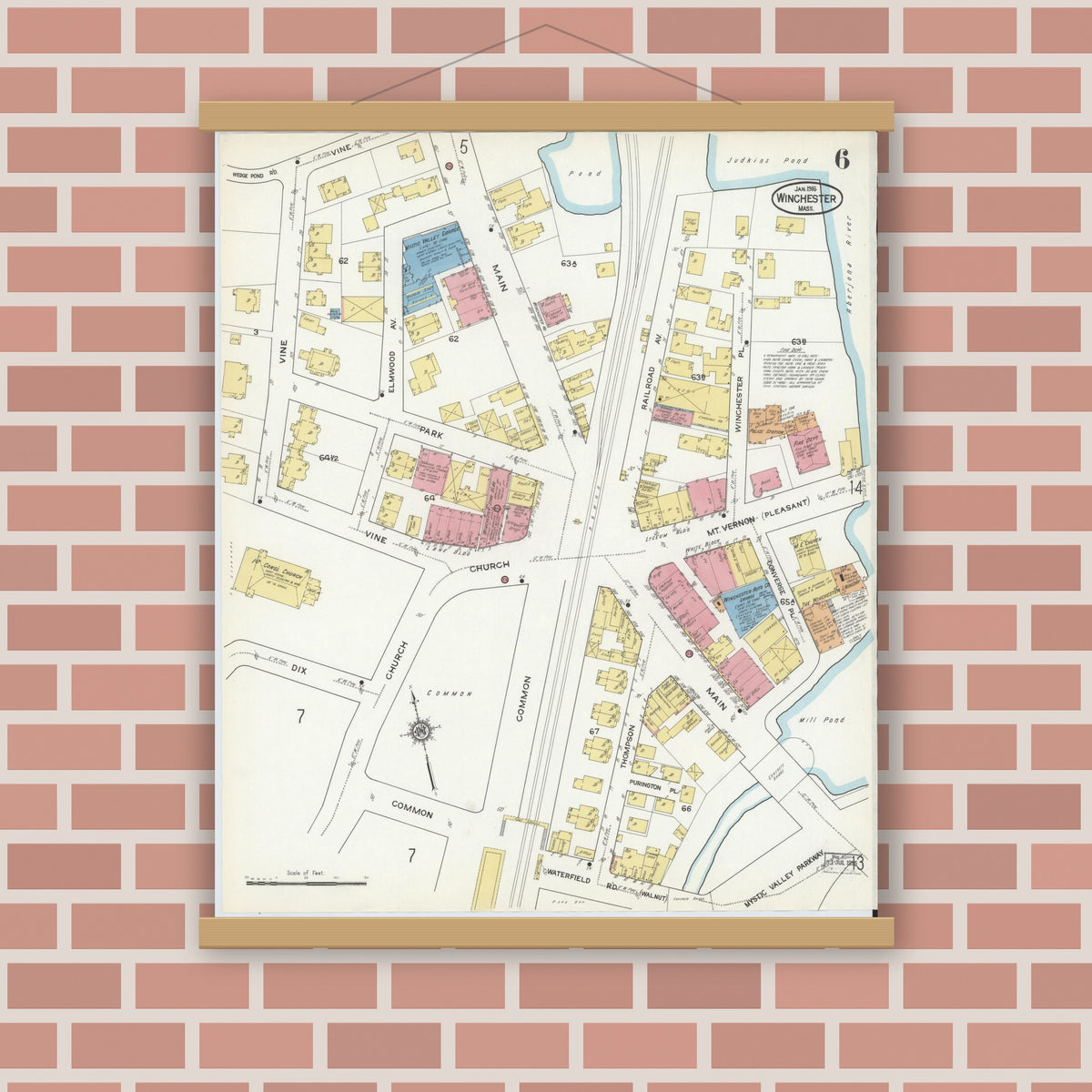 Old map wall art mockup — magnetic wood frame on brick wall — Sanborn Fire Insurance Map from Winchester, Middlesex County, Massachusetts (1916), Sheet #0006