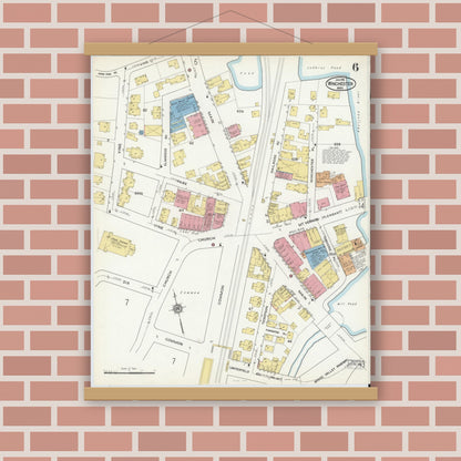 Old map wall art mockup — magnetic wood frame on brick wall — Sanborn Fire Insurance Map from Winchester, Middlesex County, Massachusetts (1916), Sheet #0006