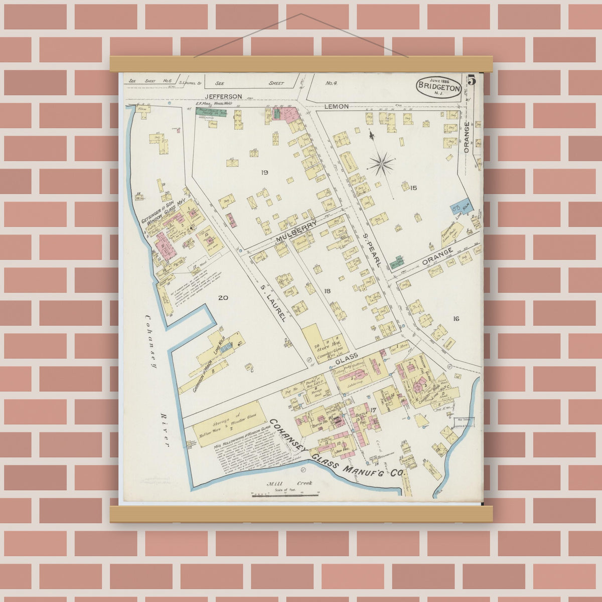 Old map wall art mockup — magnetic wood frame on brick wall — Sanborn Fire Insurance Map from Bridgeton, Cumberland County, New Jersey (1886), Sheet #0005