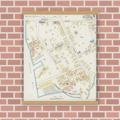 Old map wall art mockup — magnetic wood frame on brick wall — Sanborn Fire Insurance Map from Bridgeton, Cumberland County, New Jersey (1886), Sheet #0005