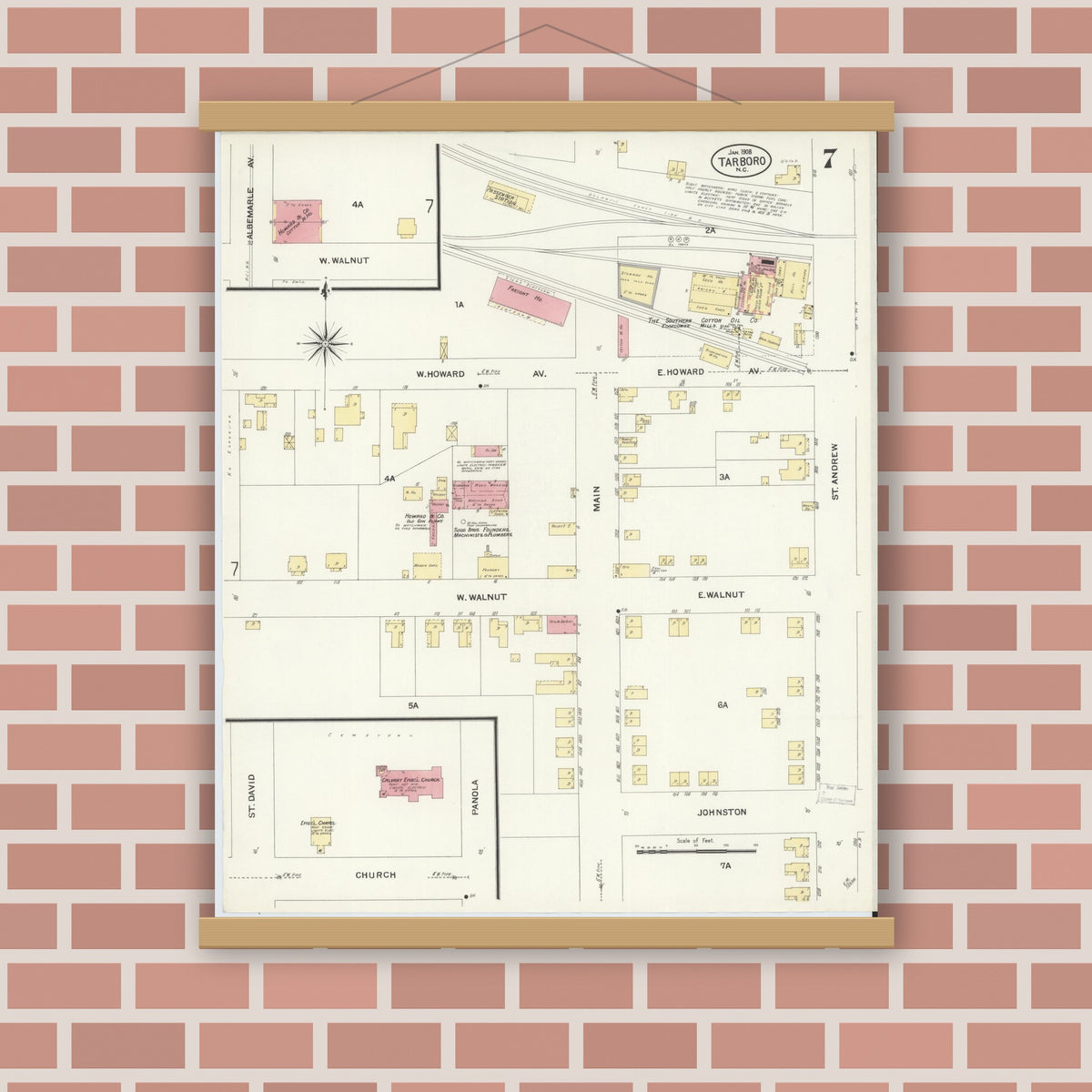 Old map wall art mockup — magnetic wood frame on brick wall — Sanborn Fire Insurance Map from Tarboro, Edgecombe County, North Carolina (1908), Sheet #0007