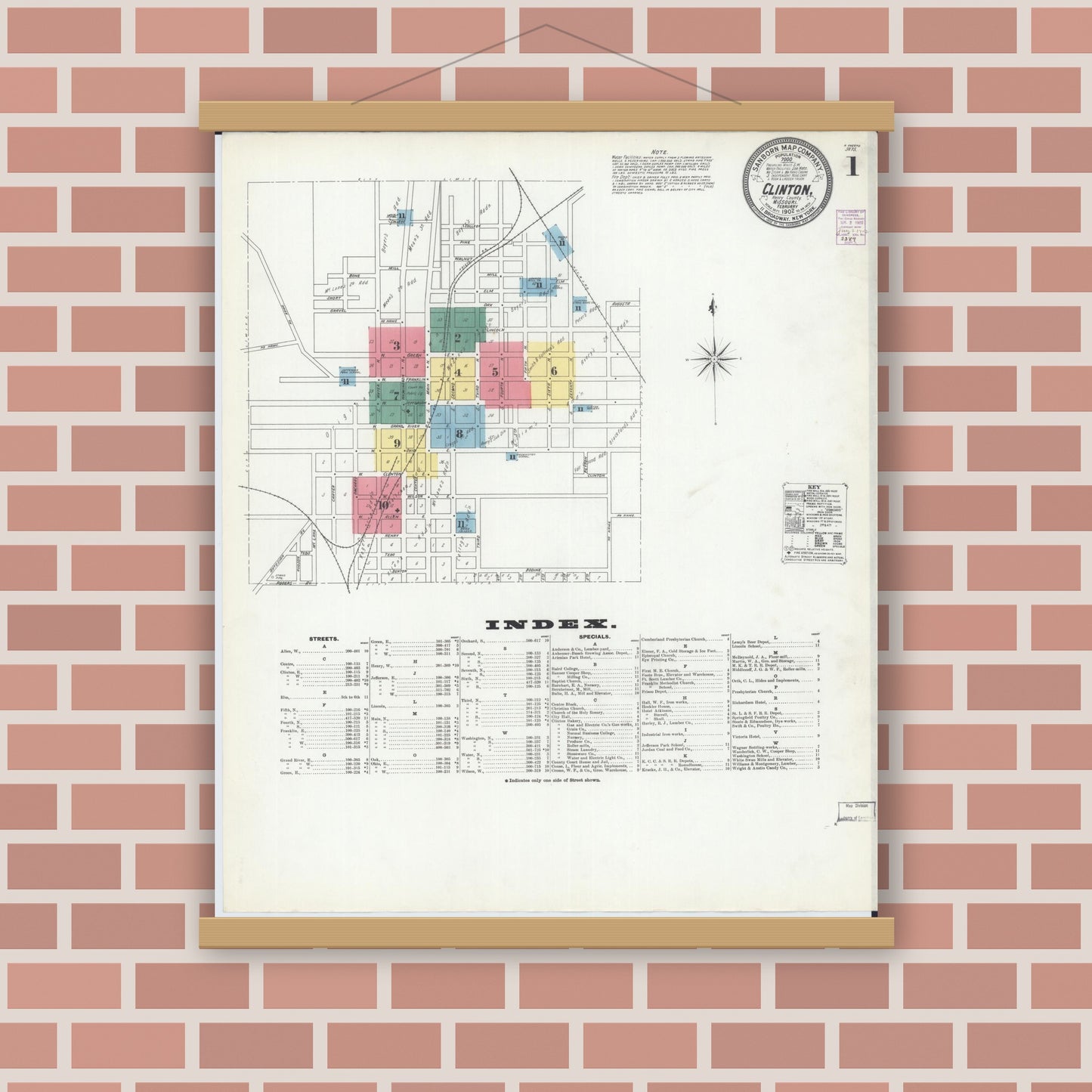Old map wall art mockup — magnetic wood frame on brick wall — Sanborn Fire Insurance Map from Clinton, Henry County, Missouri (1902) - Complete Map Set
