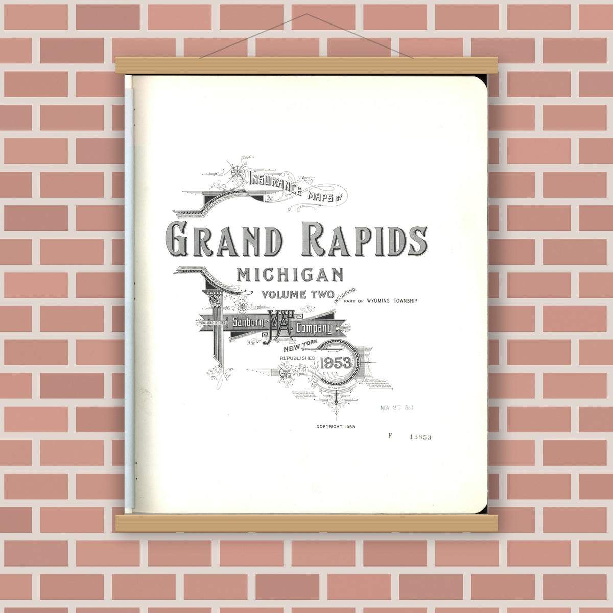 Old map wall art mockup — magnetic wood frame on brick wall — Sanborn Fire Insurance Map from Grand Rapids, Kent County, Michigan (1953), Sheet #0001