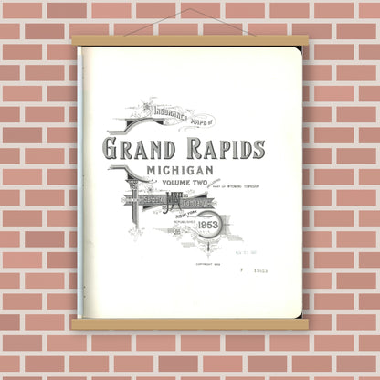 Old map wall art mockup — magnetic wood frame on brick wall — Sanborn Fire Insurance Map from Grand Rapids, Kent County, Michigan (1953), Sheet #0001