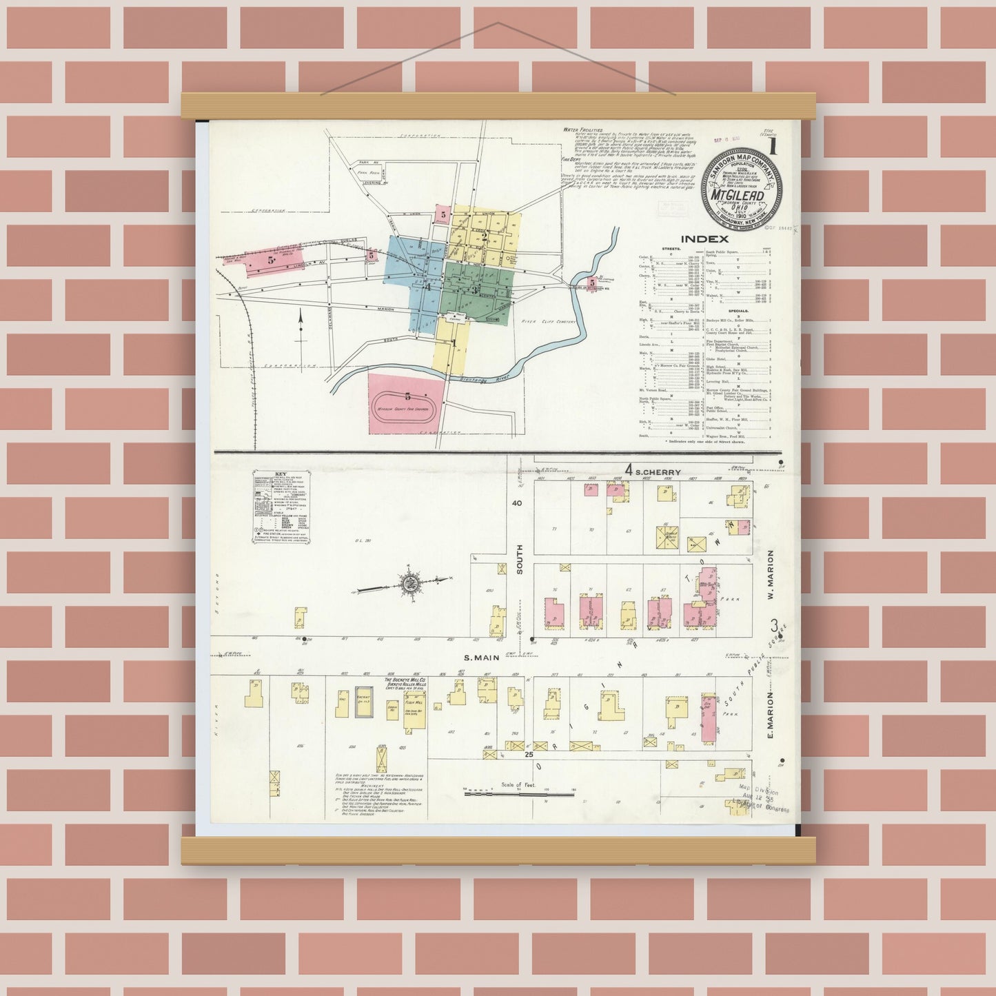 Old map wall art mockup — magnetic wood frame on brick wall — Sanborn Fire Insurance Map from Mount Gilead, Morrow County, Ohio (1910) - Complete Map Set