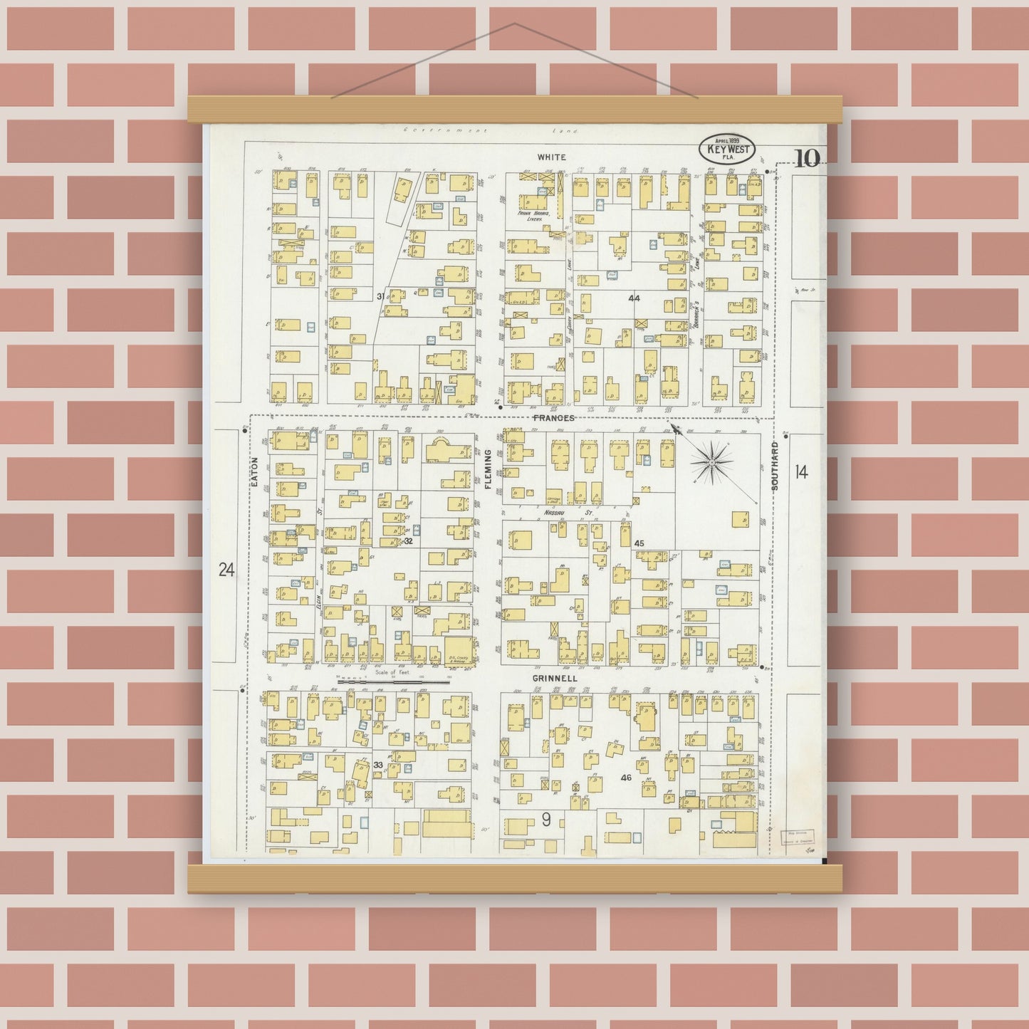 Old map wall art mockup — magnetic wood frame on brick wall — Sanborn Fire Insurance Map from Key West, Monroe County, Florida (1899), Sheet #0010