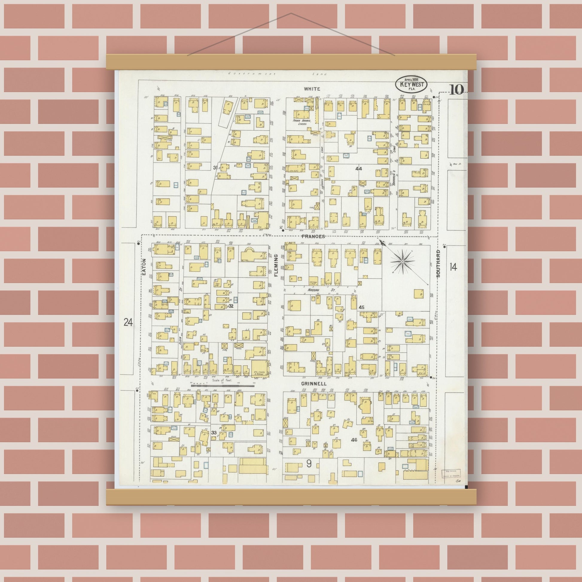 Old map wall art mockup — magnetic wood frame on brick wall — Sanborn Fire Insurance Map from Key West, Monroe County, Florida (1899), Sheet #0010