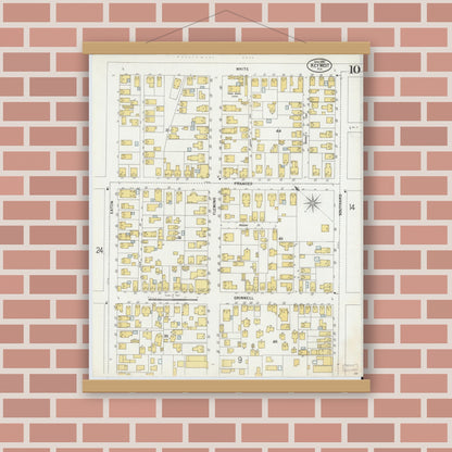 Old map wall art mockup — magnetic wood frame on brick wall — Sanborn Fire Insurance Map from Key West, Monroe County, Florida (1899), Sheet #0010