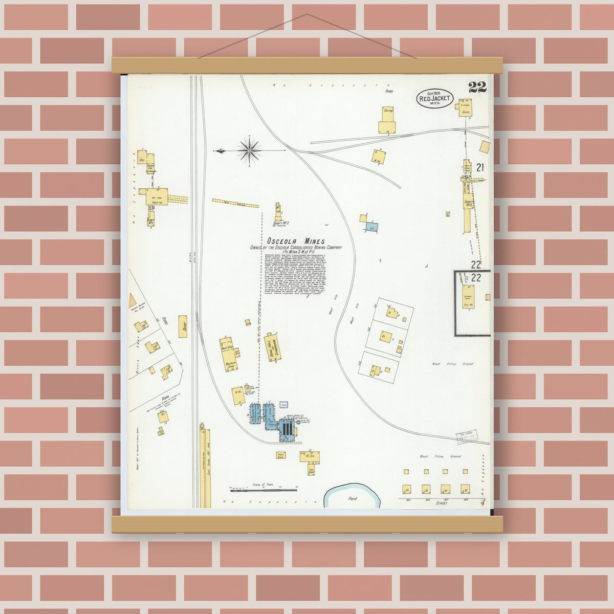Old map wall art mockup — magnetic wood frame on brick wall — Sanborn Fire Insurance Map from Red Jacket, Houghton County, Michigan (1900), Sheet #0022