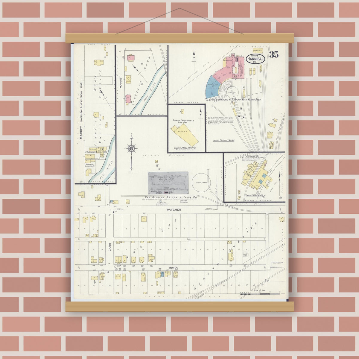 Old map wall art mockup — magnetic wood frame on brick wall — Sanborn Fire Insurance Map from Hannibal, Marion County, Missouri (1913), Sheet #0035