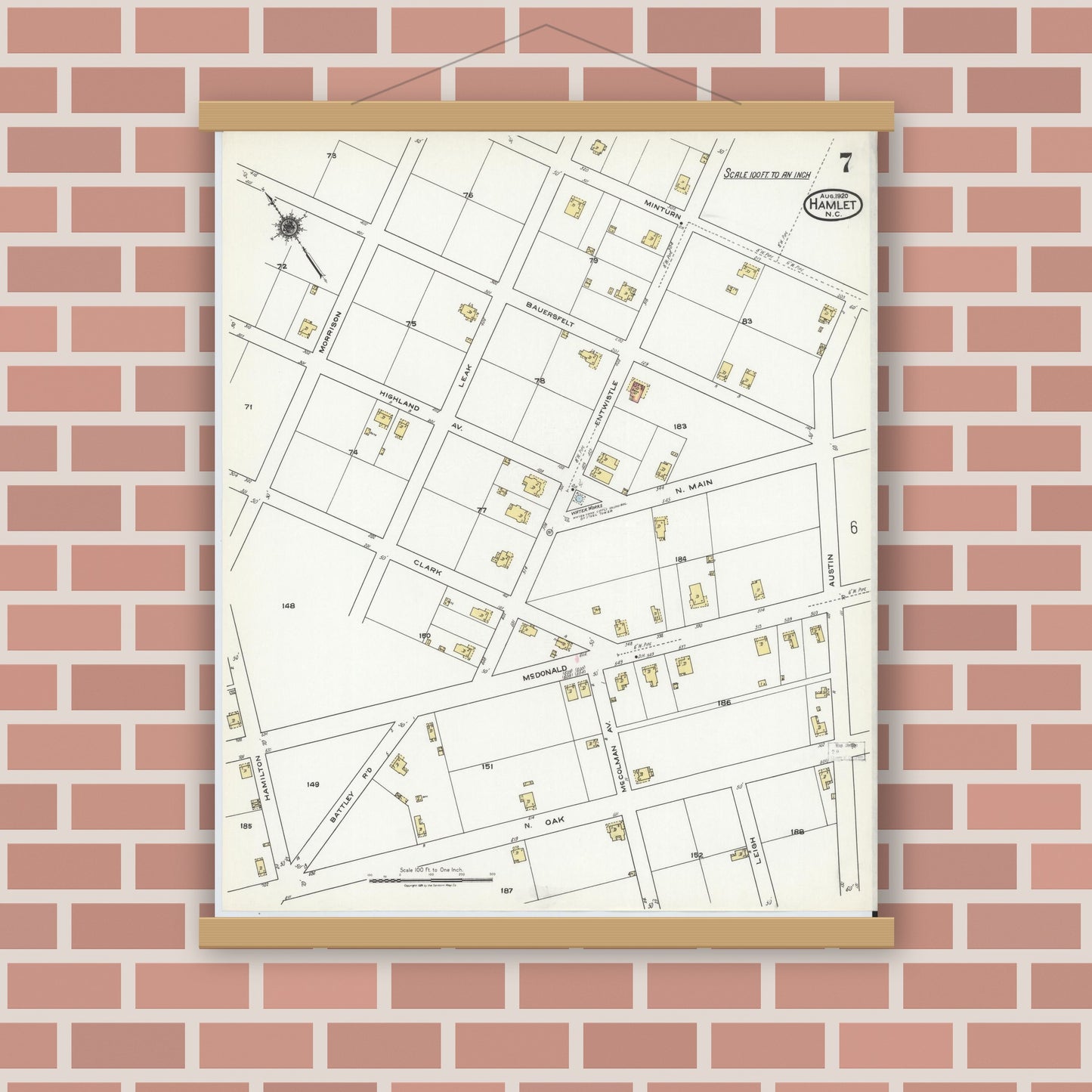 Old map wall art mockup — magnetic wood frame on brick wall — Sanborn Fire Insurance Map from Hamlet, Richmond County, North Carolina (1920), Sheet #0007
