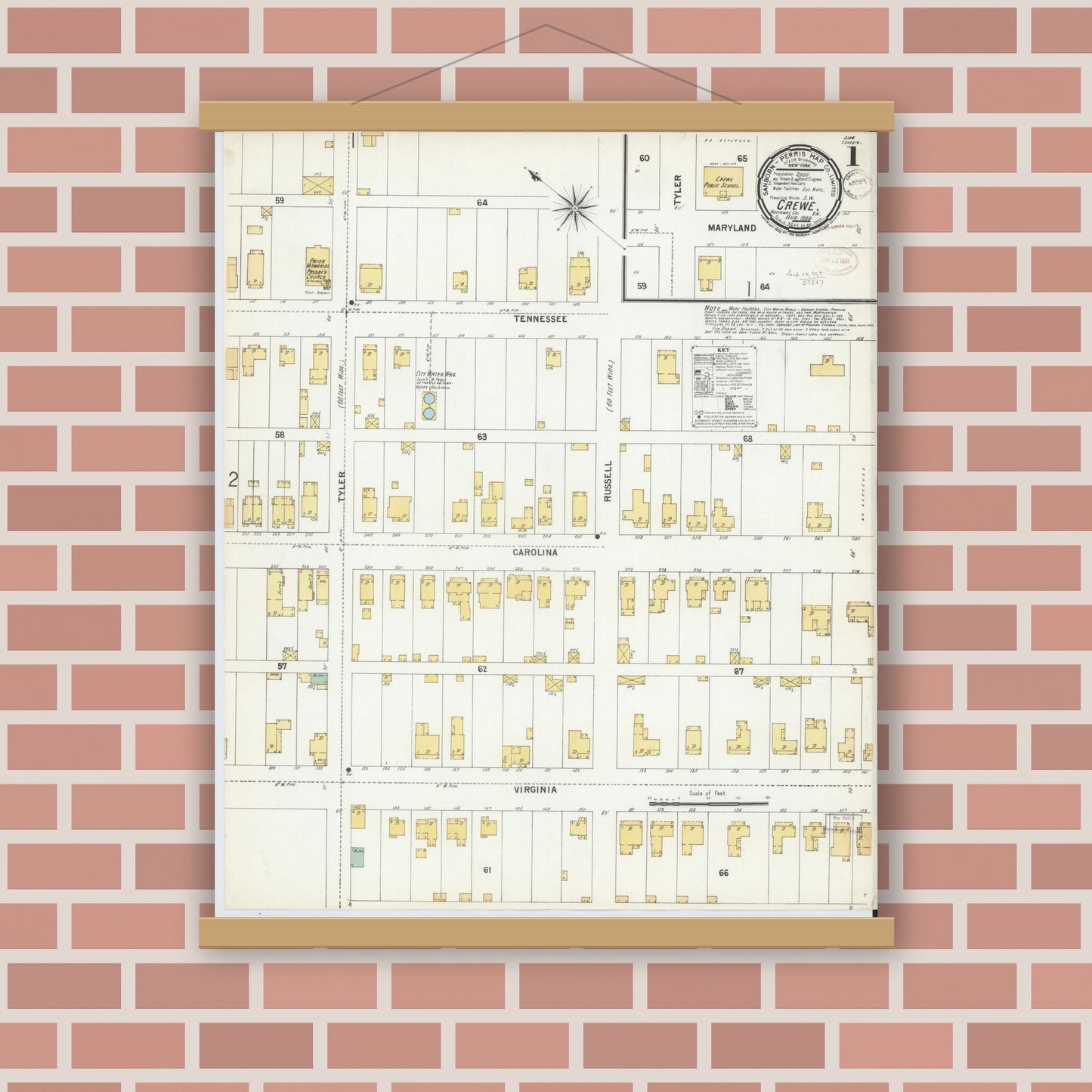 Old map wall art mockup — magnetic wood frame on brick wall — Sanborn Fire Insurance Map from Crewe, Nottoway County, Virginia (1899), Sheet #0001