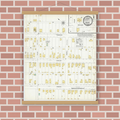 Old map wall art mockup — magnetic wood frame on brick wall — Sanborn Fire Insurance Map from Crewe, Nottoway County, Virginia (1899), Sheet #0001