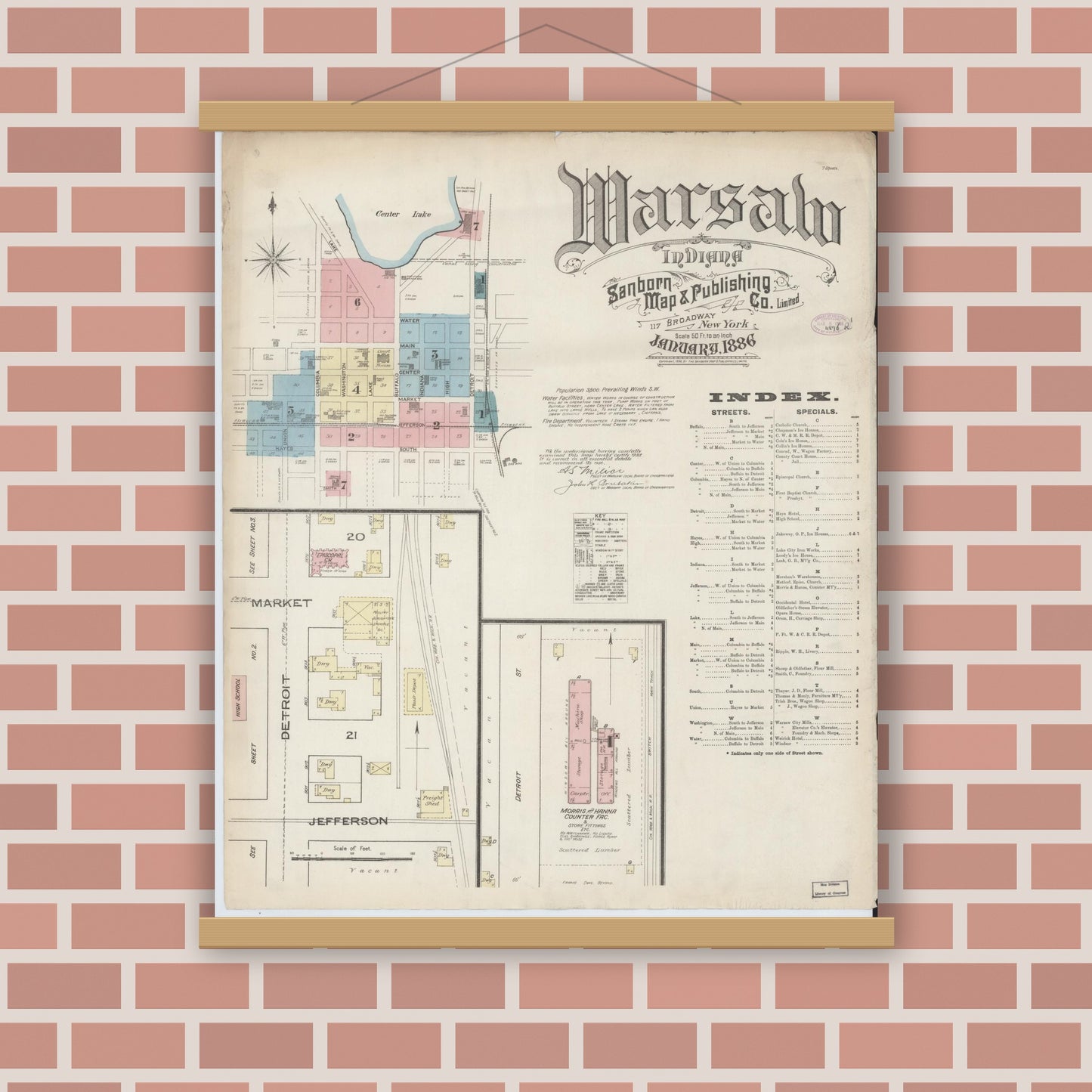 Old map wall art mockup — magnetic wood frame on brick wall — Sanborn Fire Insurance Map from Warsaw, Kosciusko County, Indiana (1886), Sheet #0001