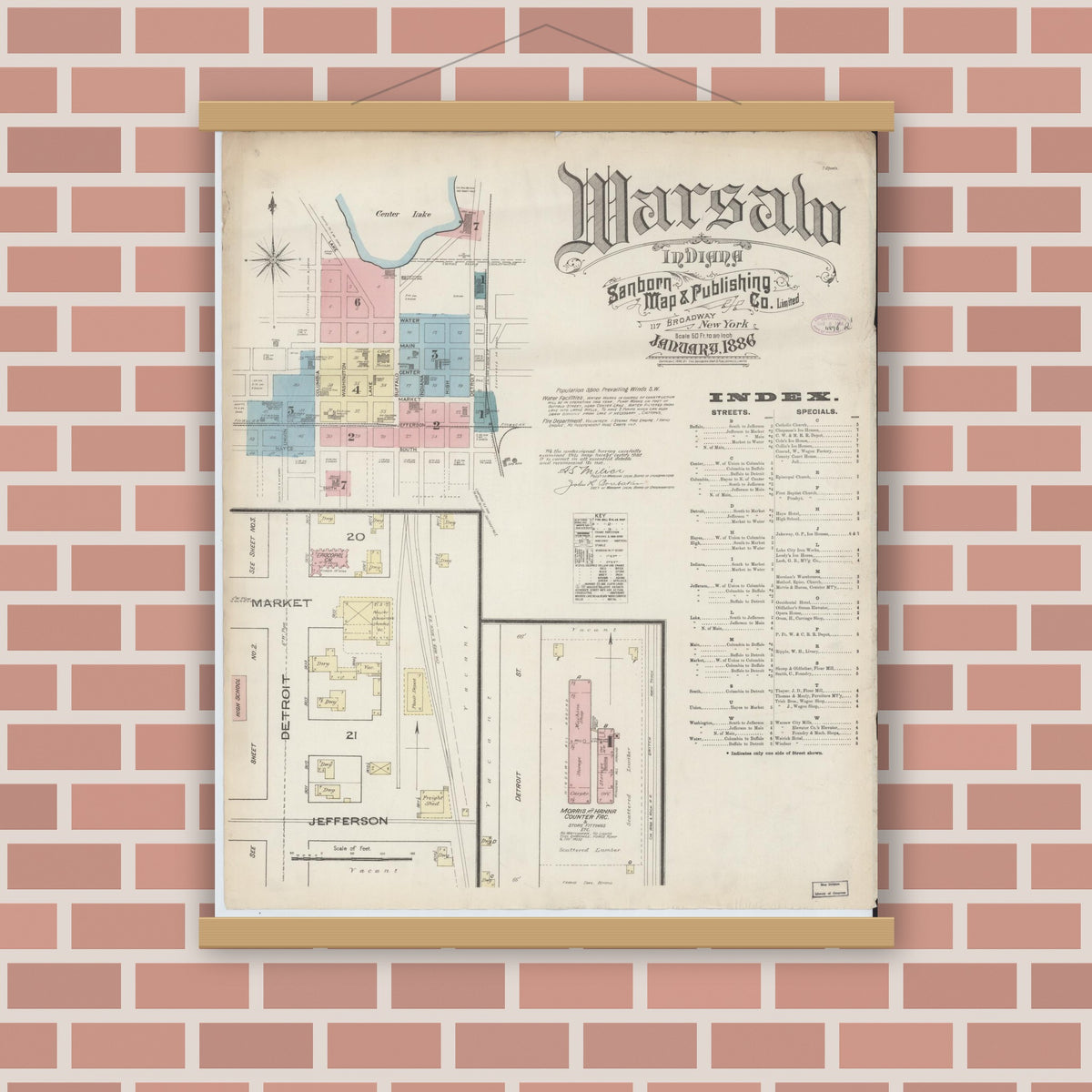 Old map wall art mockup — magnetic wood frame on brick wall — Sanborn Fire Insurance Map from Warsaw, Kosciusko County, Indiana (1886), Sheet #0001