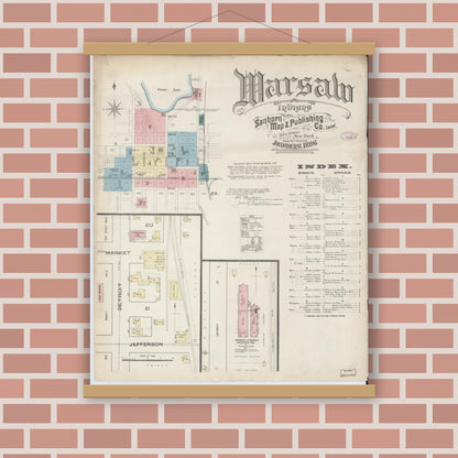 Old map wall art mockup — magnetic wood frame on brick wall — Sanborn Fire Insurance Map from Warsaw, Kosciusko County, Indiana (1886), Sheet #0001