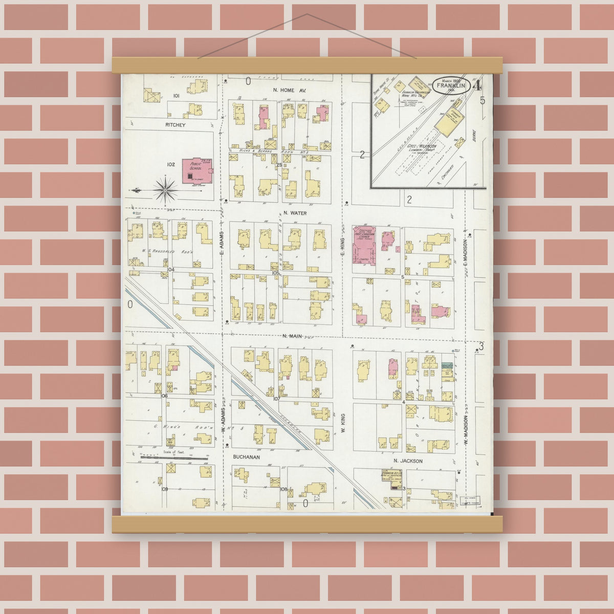 Old map wall art mockup — magnetic wood frame on brick wall — Sanborn Fire Insurance Map from Franklin, Johnson County, Indiana (1902), Sheet #0004