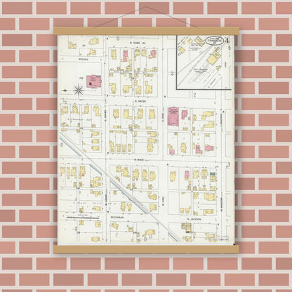 Old map wall art mockup — magnetic wood frame on brick wall — Sanborn Fire Insurance Map from Franklin, Johnson County, Indiana (1902), Sheet #0004