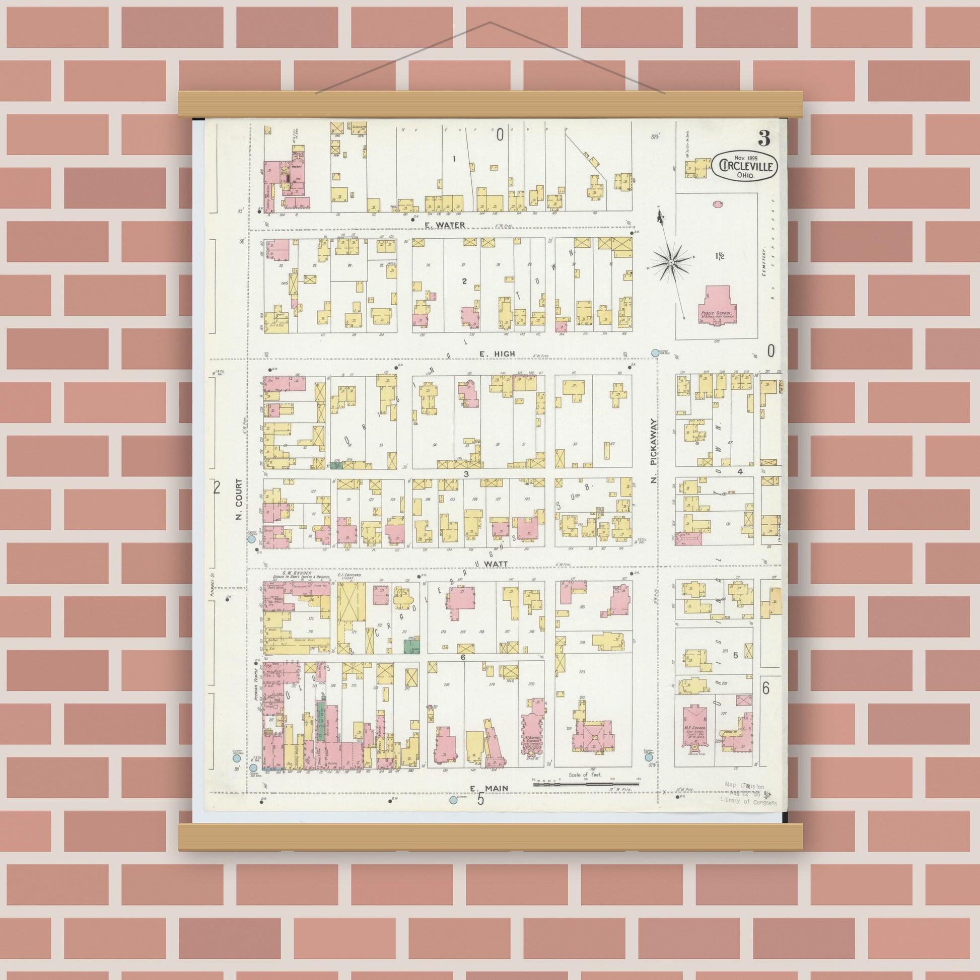 Old map wall art mockup — magnetic wood frame on brick wall — Sanborn Fire Insurance Map from Circleville, Pickaway County, Ohio (1899), Sheet #0003