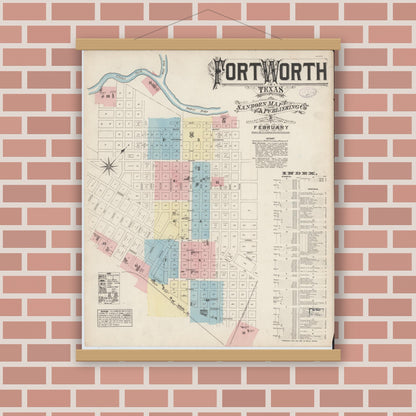 Old map wall art mockup — magnetic wood frame on brick wall — Sanborn Fire Insurance Map from Fort Worth, Tarrant County, Texas (1885) - Complete Map Set