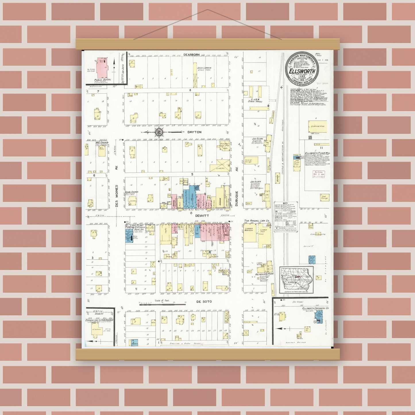 Old map wall art mockup — magnetic wood frame on brick wall — Sanborn Fire Insurance Map from Ellsworth, Hamilton County, Iowa (1913), Sheet #0001