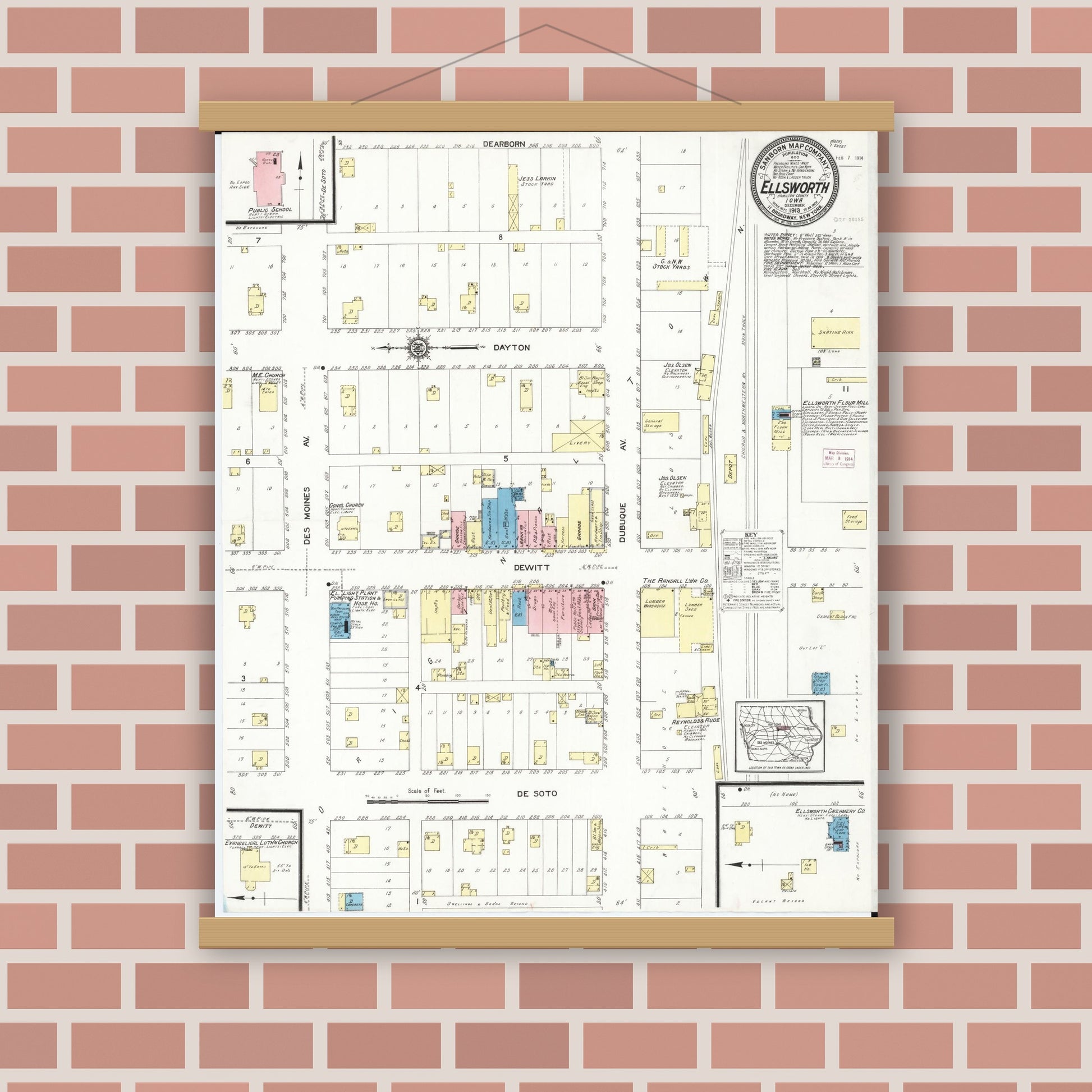 Old map wall art mockup — magnetic wood frame on brick wall — Sanborn Fire Insurance Map from Ellsworth, Hamilton County, Iowa (1913), Sheet #0001