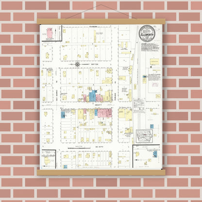 Old map wall art mockup — magnetic wood frame on brick wall — Sanborn Fire Insurance Map from Ellsworth, Hamilton County, Iowa (1913), Sheet #0001