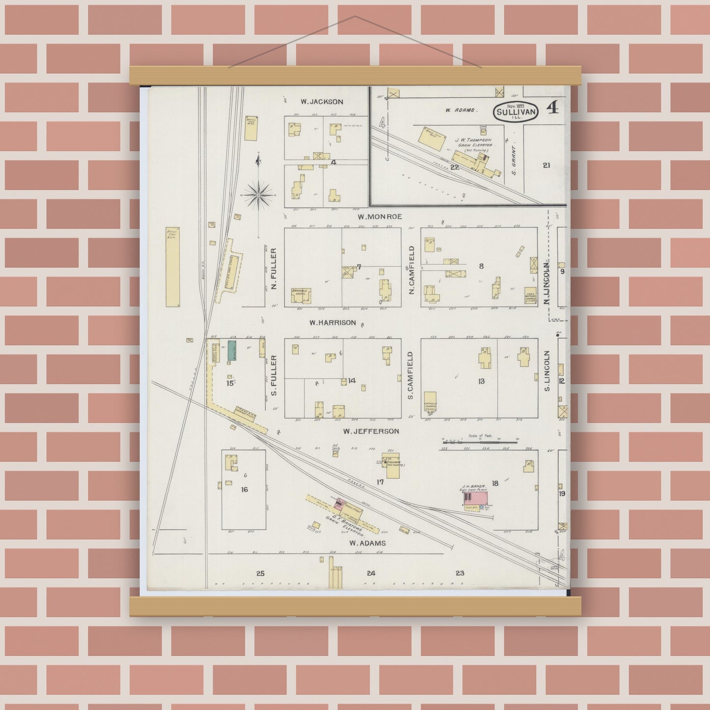 Old map wall art mockup — magnetic wood frame on brick wall — Sanborn Fire Insurance Map from Sullivan, Moultrie County, Illinois (1893), Sheet #0004