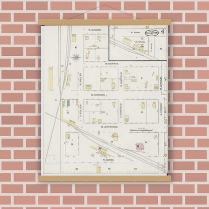 Old map wall art mockup — magnetic wood frame on brick wall — Sanborn Fire Insurance Map from Sullivan, Moultrie County, Illinois (1893), Sheet #0004