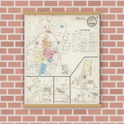 Old map wall art mockup — magnetic wood frame on brick wall — Sanborn Fire Insurance Map from Stoneham, Middlesex County, Massachusetts (1887), Sheet #0001