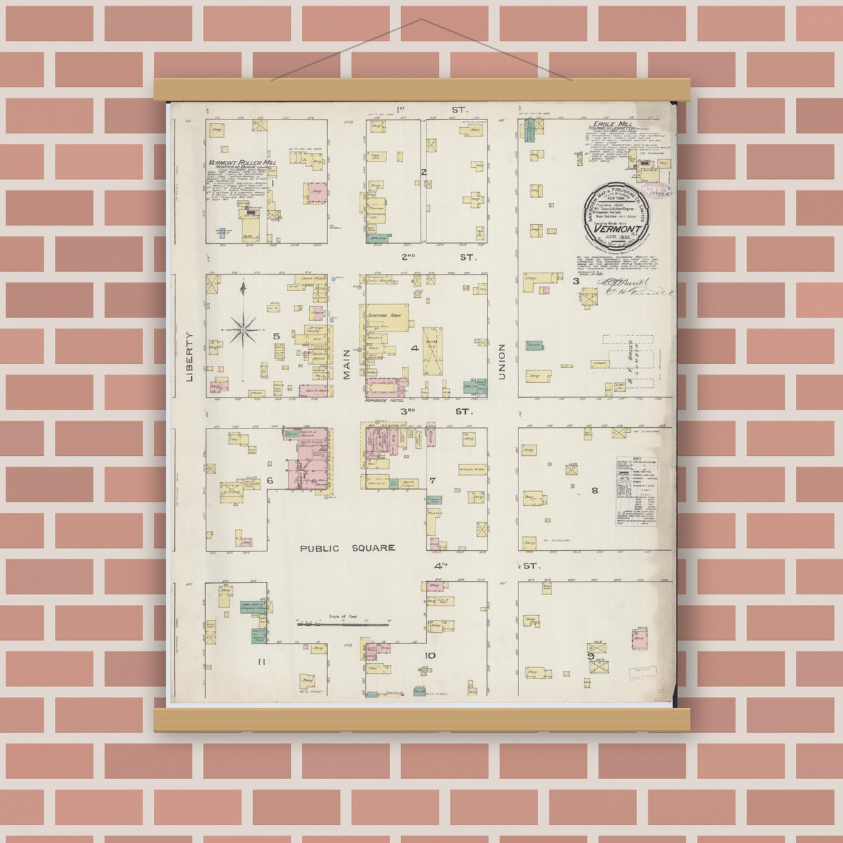 Old map wall art mockup — magnetic wood frame on brick wall — Sanborn Fire Insurance Map from Vermont, Fulton County, Illinois (1886), Sheet #0001