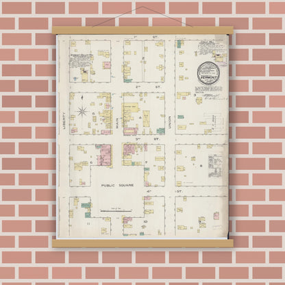 Old map wall art mockup — magnetic wood frame on brick wall — Sanborn Fire Insurance Map from Vermont, Fulton County, Illinois (1886), Sheet #0001