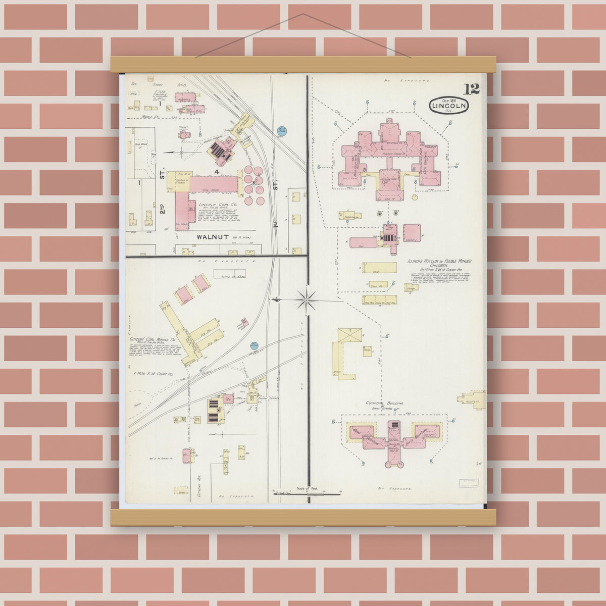 Old map wall art mockup — magnetic wood frame on brick wall — Sanborn Fire Insurance Map from Lincoln, Logan County, Illinois (1891), Sheet #0012